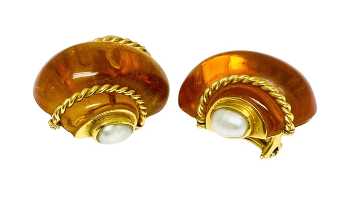 Vintage Verdura Snail Amber Earrings Pearl 18k Gold