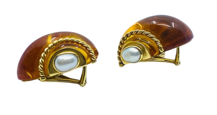 Vintage Verdura Snail Amber Earrings Pearl 18k Gold