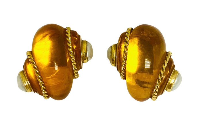 Vintage Verdura Snail Amber Earrings Pearl 18k Gold