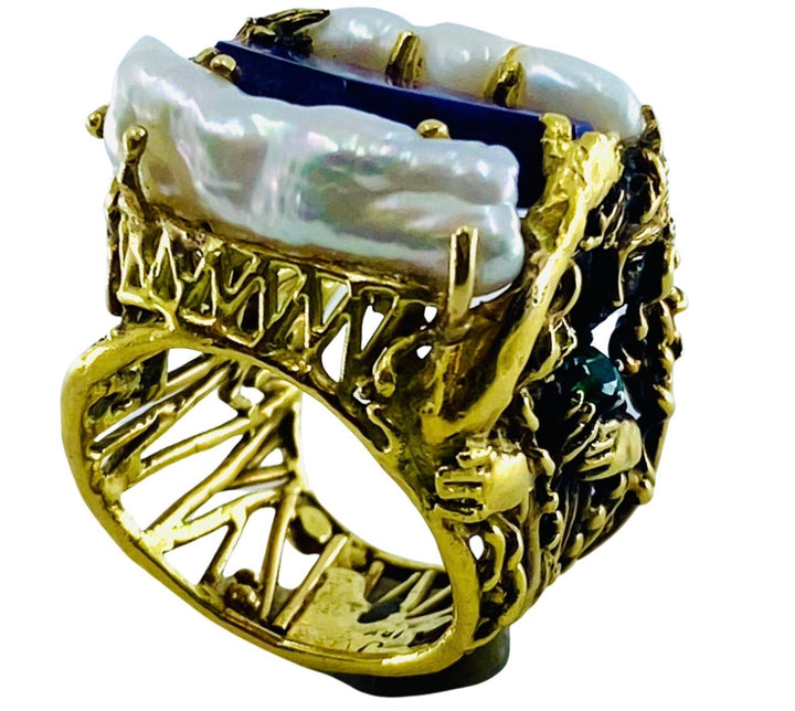 Whimsical Artisan Ring Pearl Gemstones 18k Gold