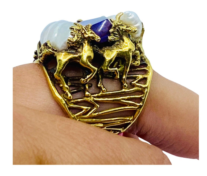 Whimsical Artisan Ring Pearl Gemstones 18k Gold