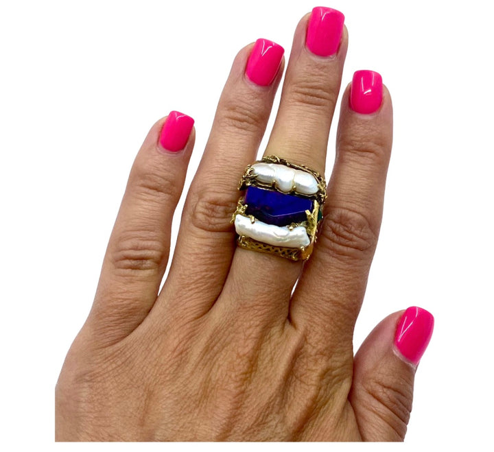 Whimsical Artisan Ring Pearl Gemstones 18k Gold