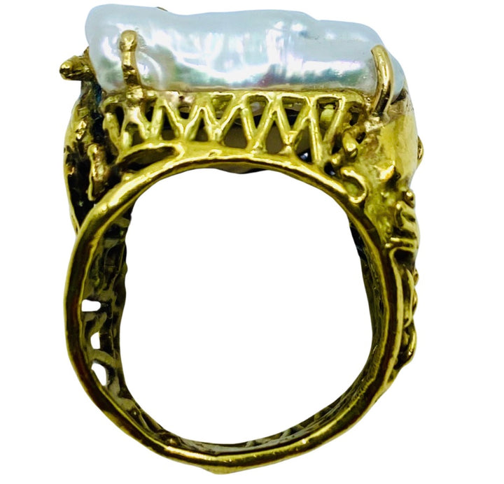 Whimsical Artisan Ring Pearl Gemstones 18k Gold