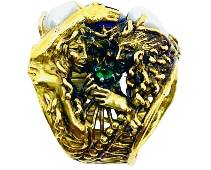 Whimsical Artisan Ring Pearl Gemstones 18k Gold