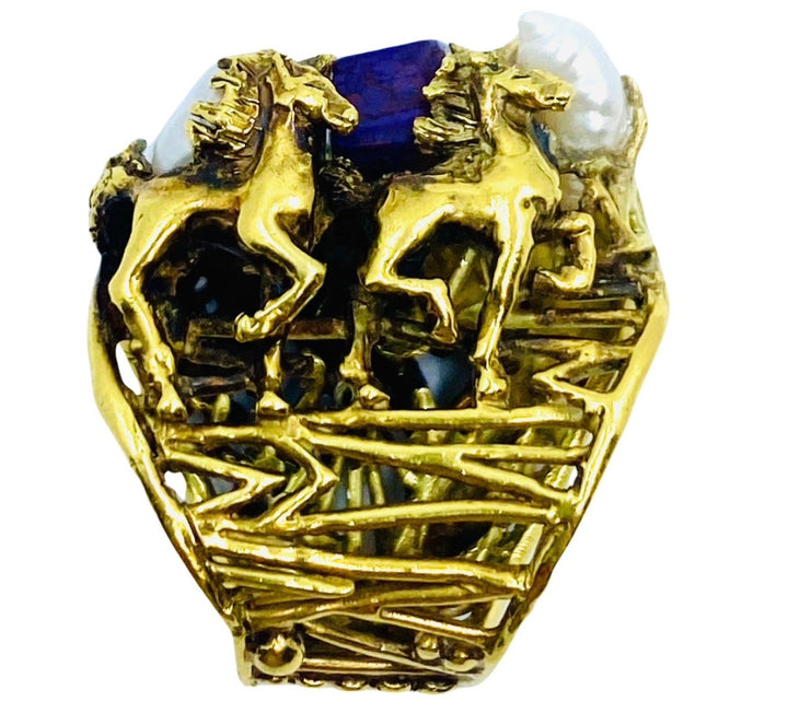 Whimsical Artisan Ring Pearl Gemstones 18k Gold