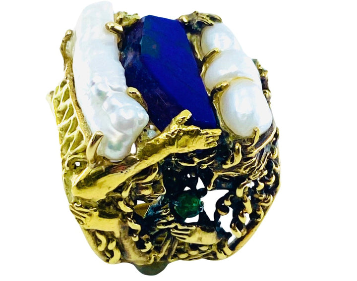 Whimsical Artisan Ring Pearl Gemstones 18k Gold