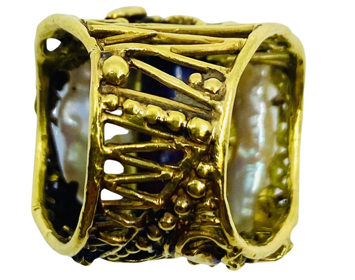 Whimsical Artisan Ring Pearl Gemstones 18k Gold