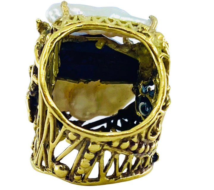 Whimsical Artisan Ring Pearl Gemstones 18k Gold