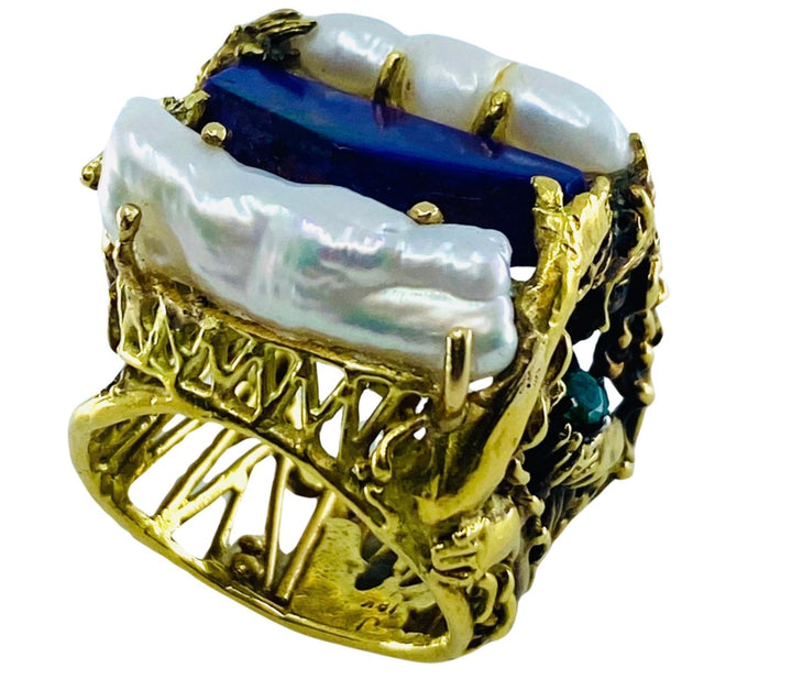 Whimsical Artisan Ring Pearl Gemstones 18k Gold