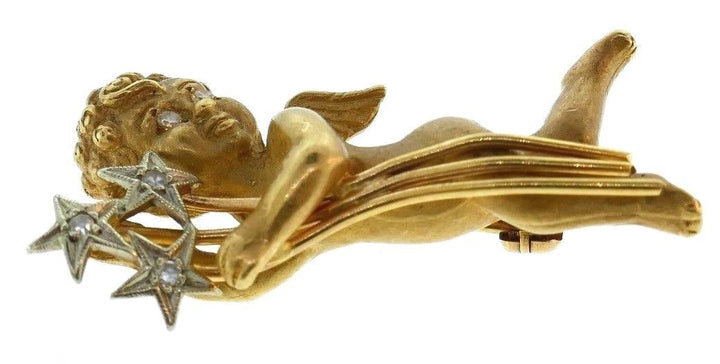 14K Yellow Gold Diamonds Angel Pin