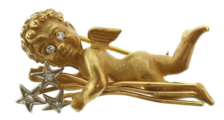 14K Yellow Gold Diamonds Angel Pin