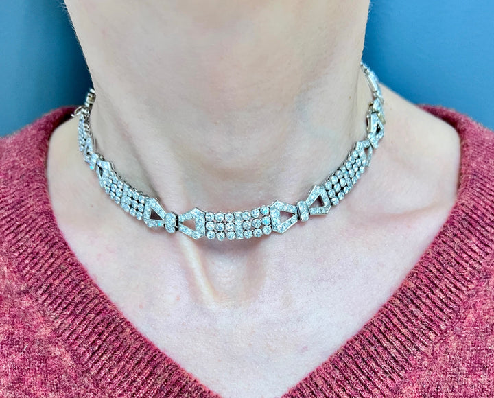 French Art Deco Diamond Platinum Necklace Bracelets Choker Interchangeable