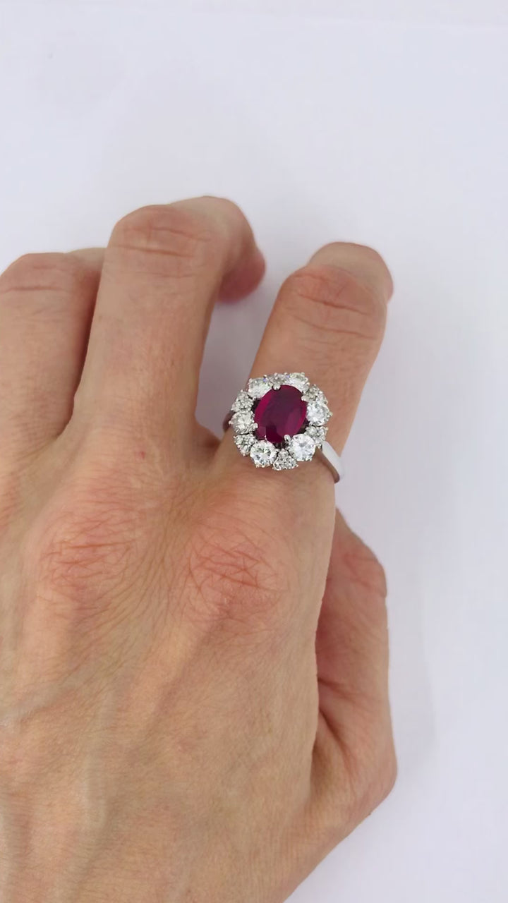 Vintage 18k White Gold Cluster Ring Diamond Ruby 1.75ct Burma