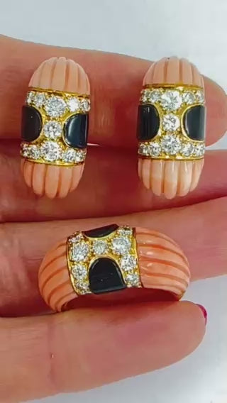 Vintage Cartier Set Coral Onyx Diamond 18k Gold Ring and Earrings Estate Jewelry