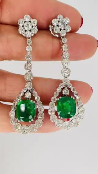 Art Deco Drop Earrings Platinum Diamond Emerald Cushion Cut Estate Jewelry