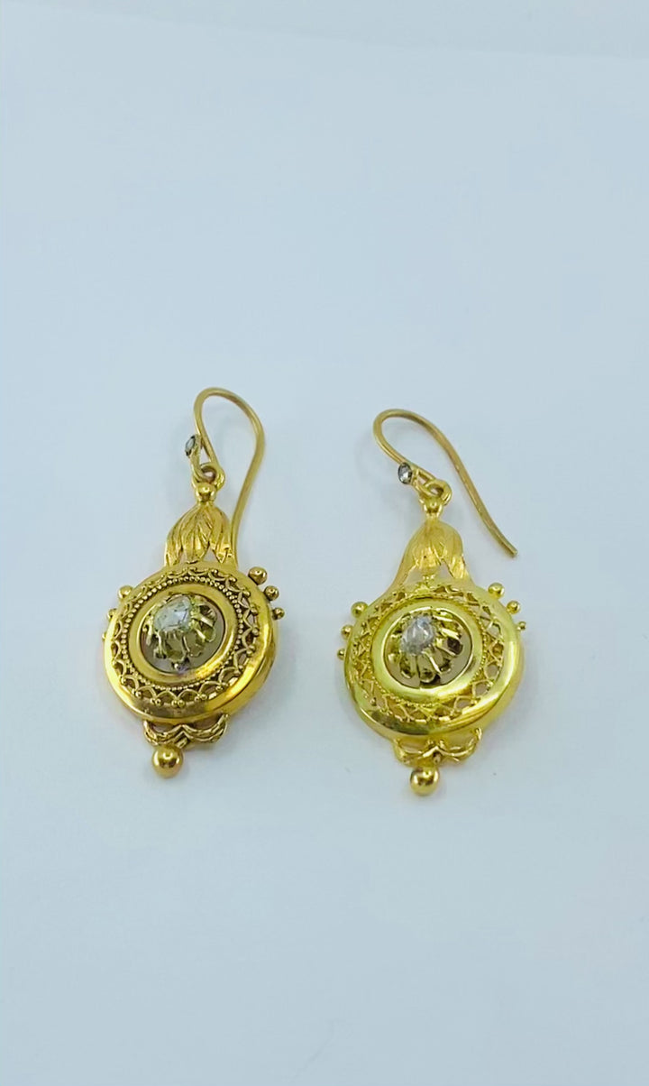 Antique 14k Gold Earrings Rose Cut Diamond