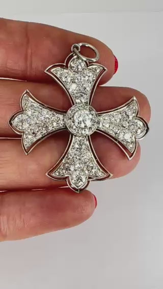 Art Deco Maltese Cross Platinum Pendant Old European Cut Diamonds Estate Jewelry