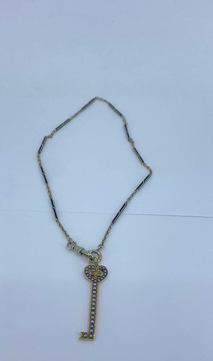 14k Gold Key Pendant Necklace Pearls and Black Enamel