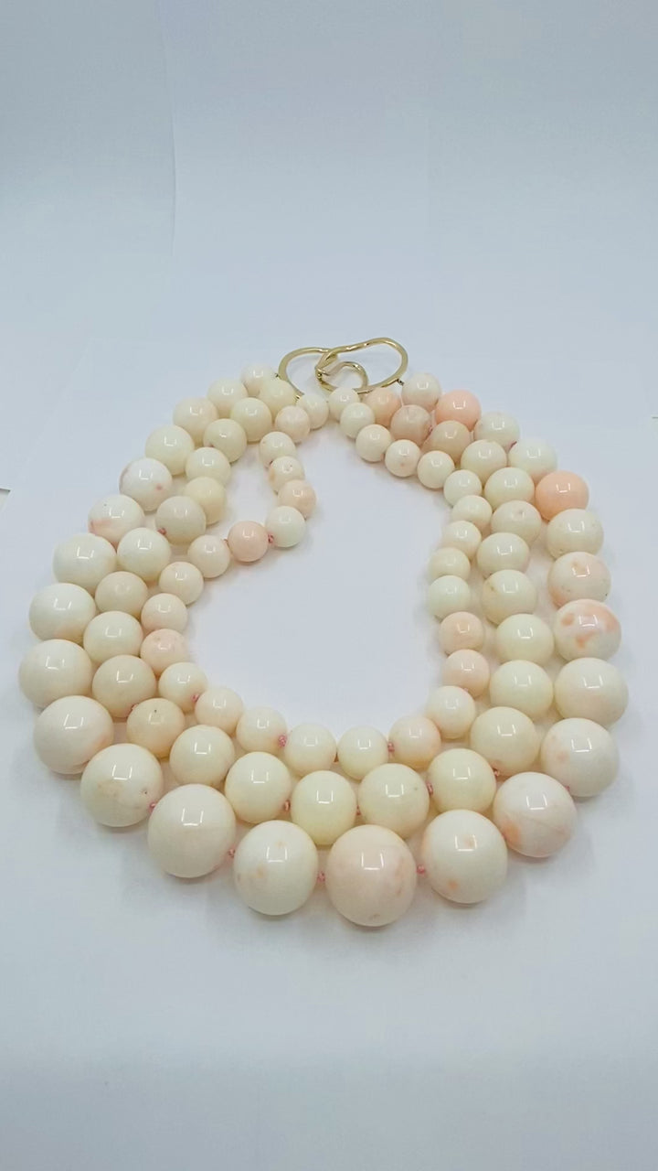 Angel Skin Coral Triple Strand Necklace 14K Gold