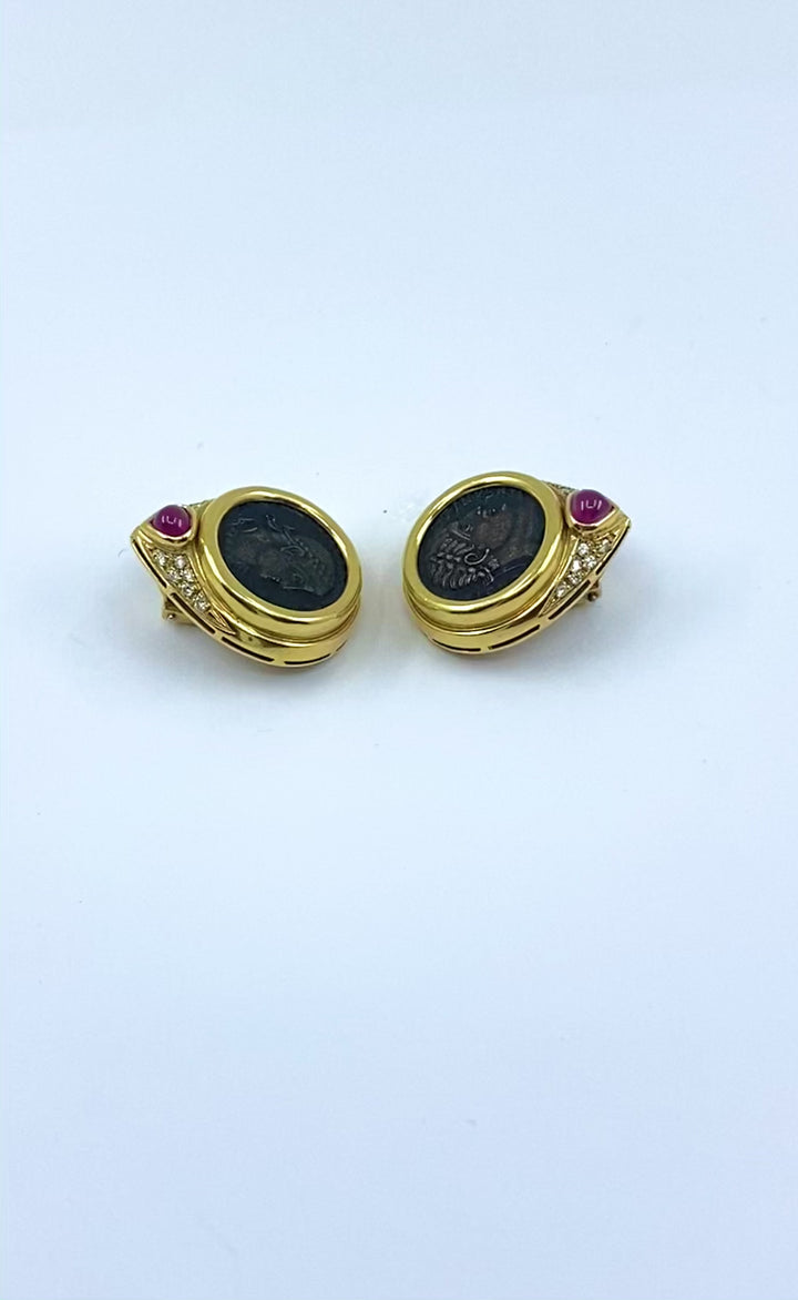 Ancient Coin 18k Gold Earrings Ruby