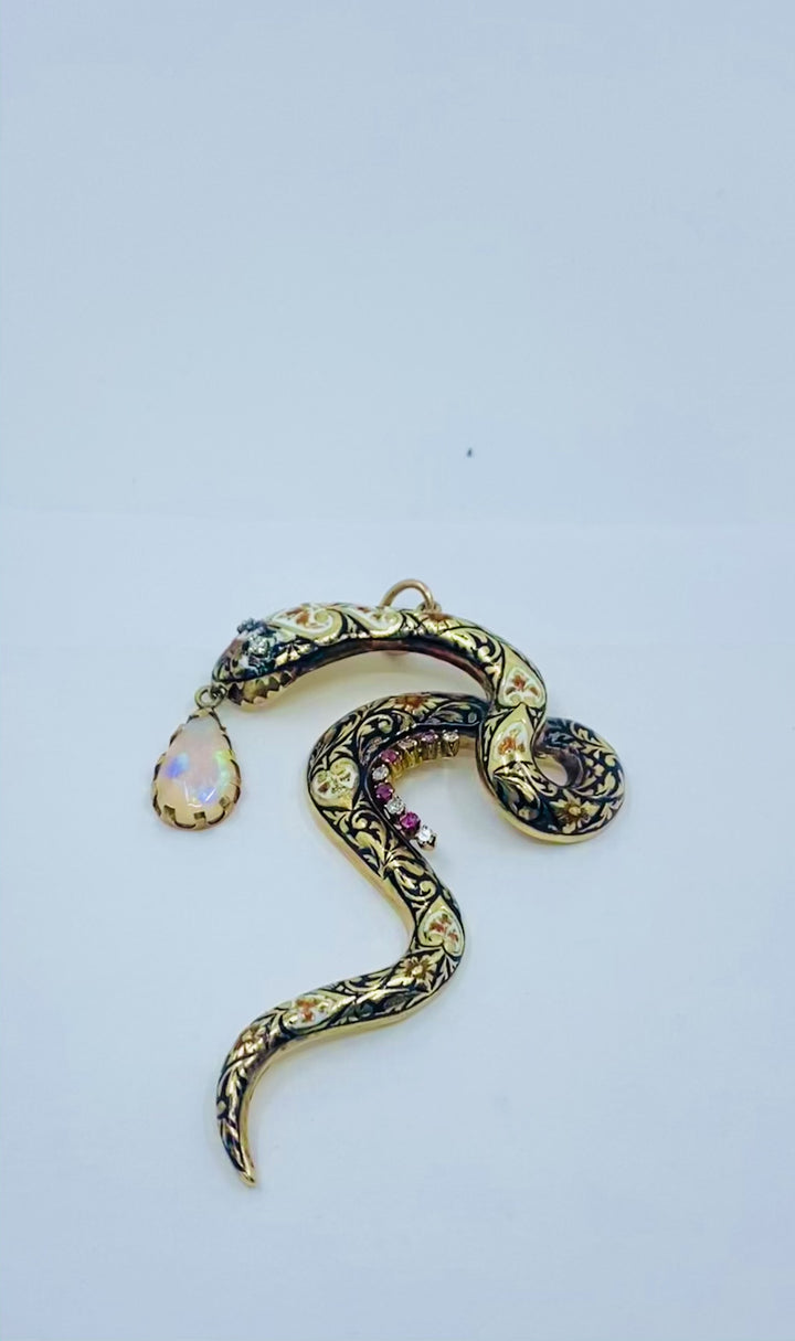 Antique Snake Pendant 14k Gold Enamel Gemstones