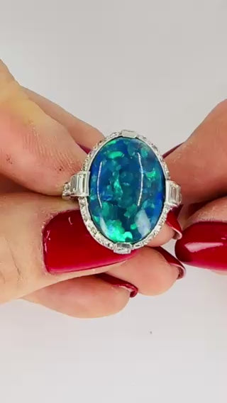 Art Deco Black Opal Ring Platinum Diamond Estate Jewelry