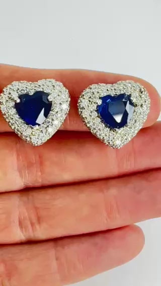 Vintage Heart Shaped Earrings Platinum Diamond Heart Cut Sapphire Estate Jewelry