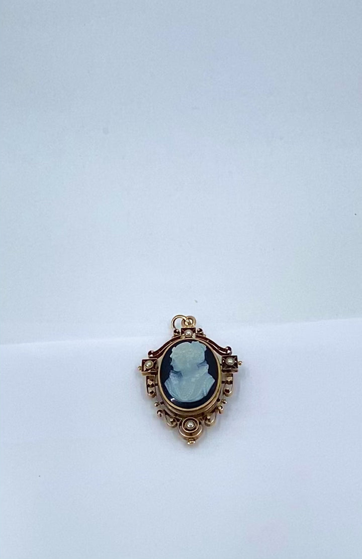 Antique 12k Gold Agate Cameo Pendant Brooch Seed Pearls