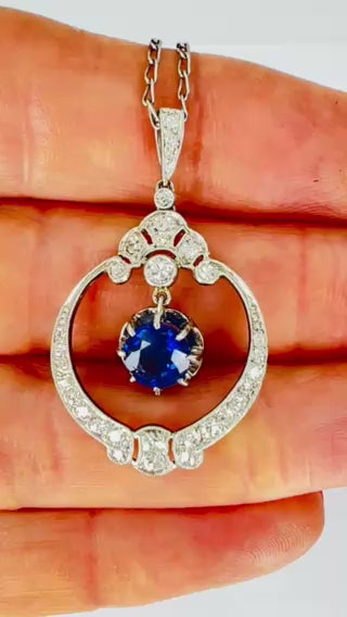 Edwardian Necklace Platinum Sapphire Diamond Pendant Vintage Jewelry Art Deco