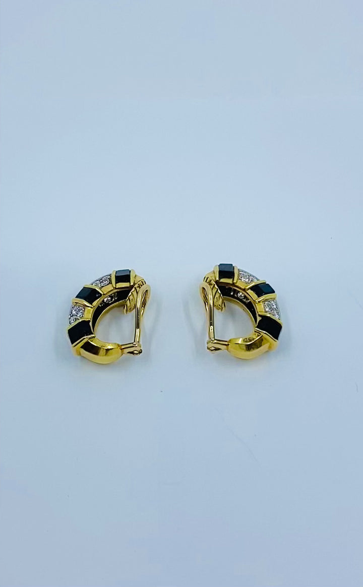 Tiffany & Co. 18k Gold Onyx Diamond Hoop Earrings