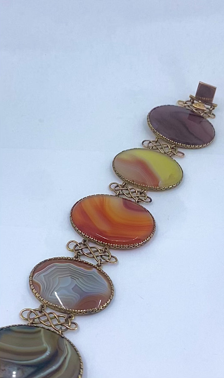 Antique A & J. Smith Aberdeen Scottish Agate 9k Gold Bracelet