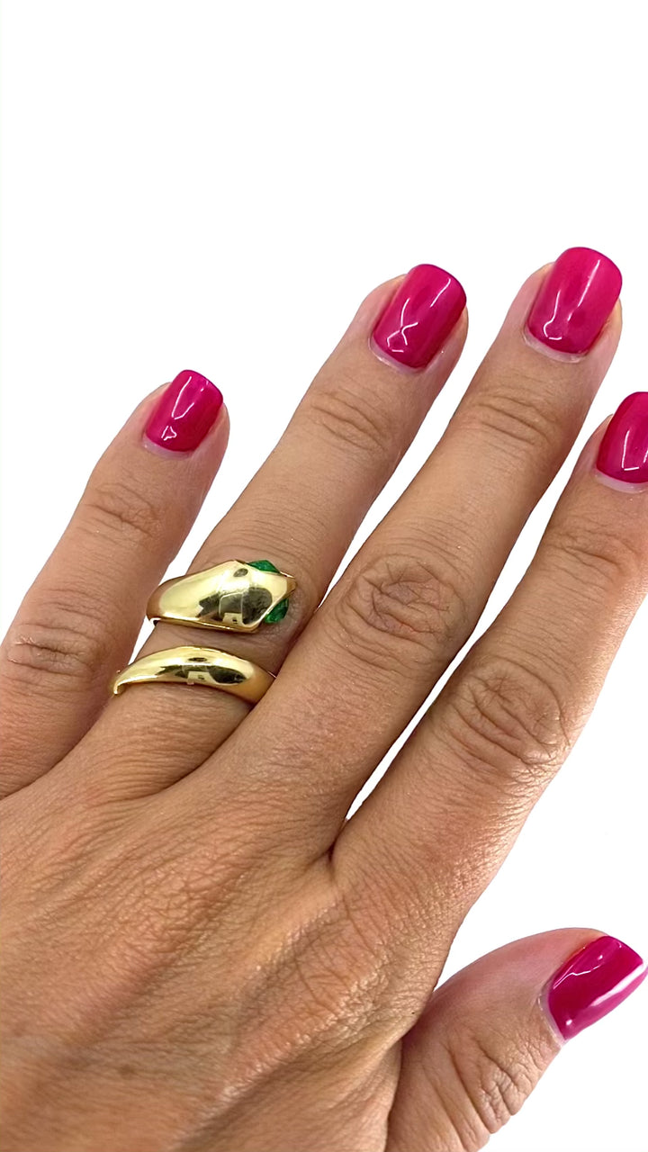 14k Gold Snake Pear-Cut Emerald Eyes Wrap Ring