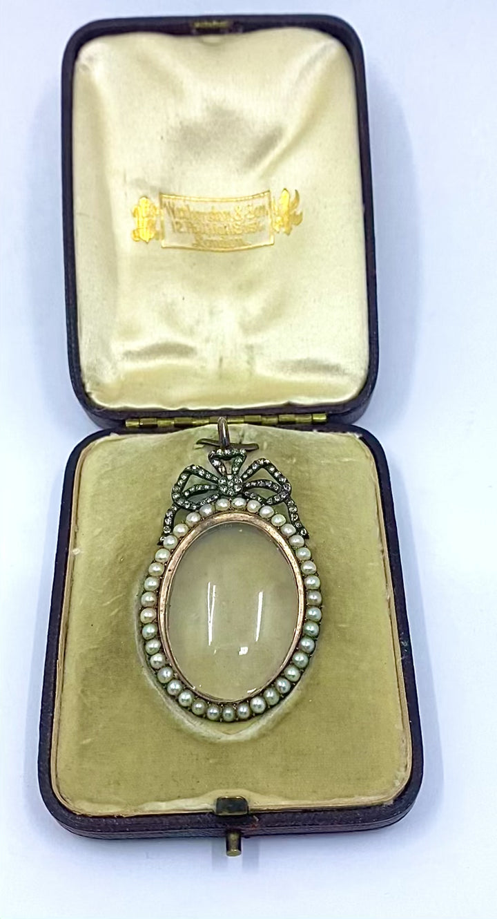 Antique 10k Gold Pearl Locket Pendant Diamond Accent Original London Box