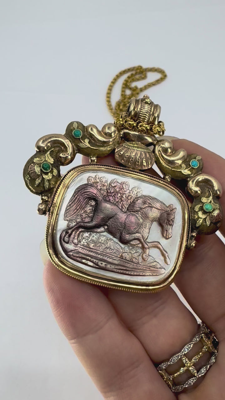 Antique Victorian Gold Mother of Pearl Equestrian Pendant Chain Necklace