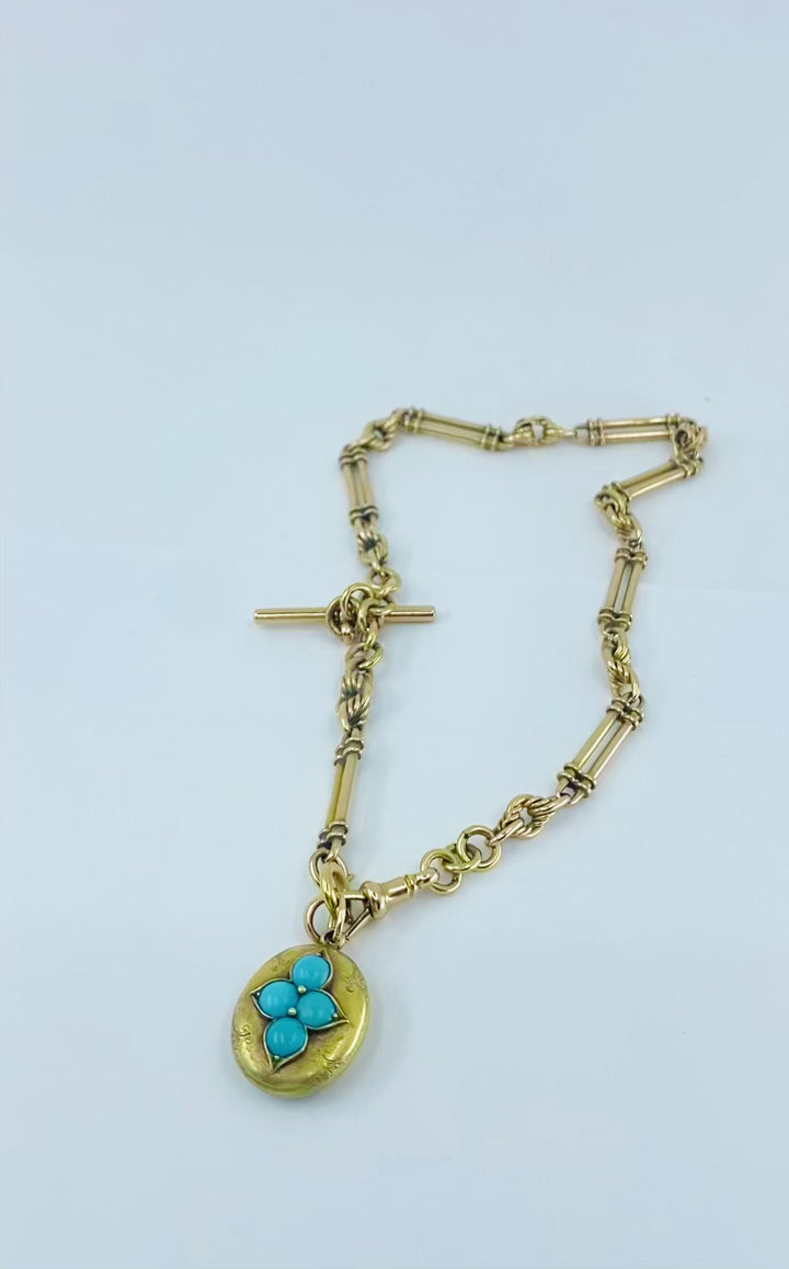 Antique 9k Gold Necklace Toggle Turquoise Locket