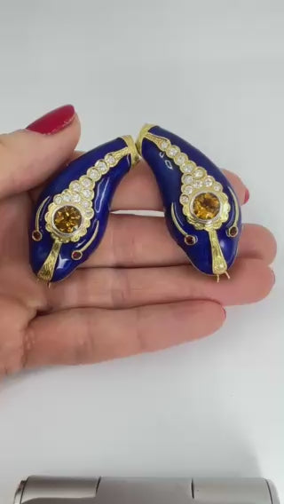 Vintage French 1950s Snake Earrings 18k Gold Platinum Blue Enamel Gemstones