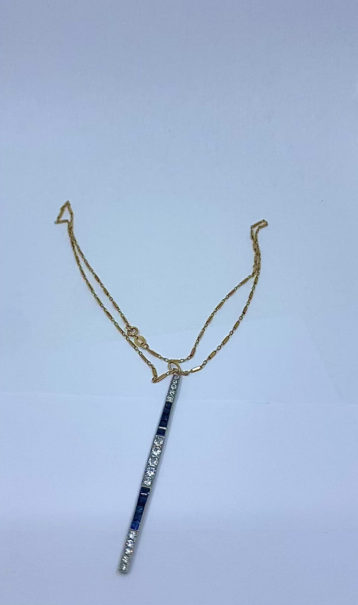 1920s Platinum Bar Pendant Sapphire Diamond & 14k Gold Chain Necklace