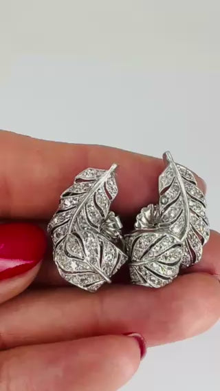 Art Deco Leaf Shaped Earrings Diamond Platinum Estate Jewelry