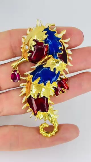 Aldo Cipullo for Cartier Seahorse Brooch Gold Enamel Gemstones