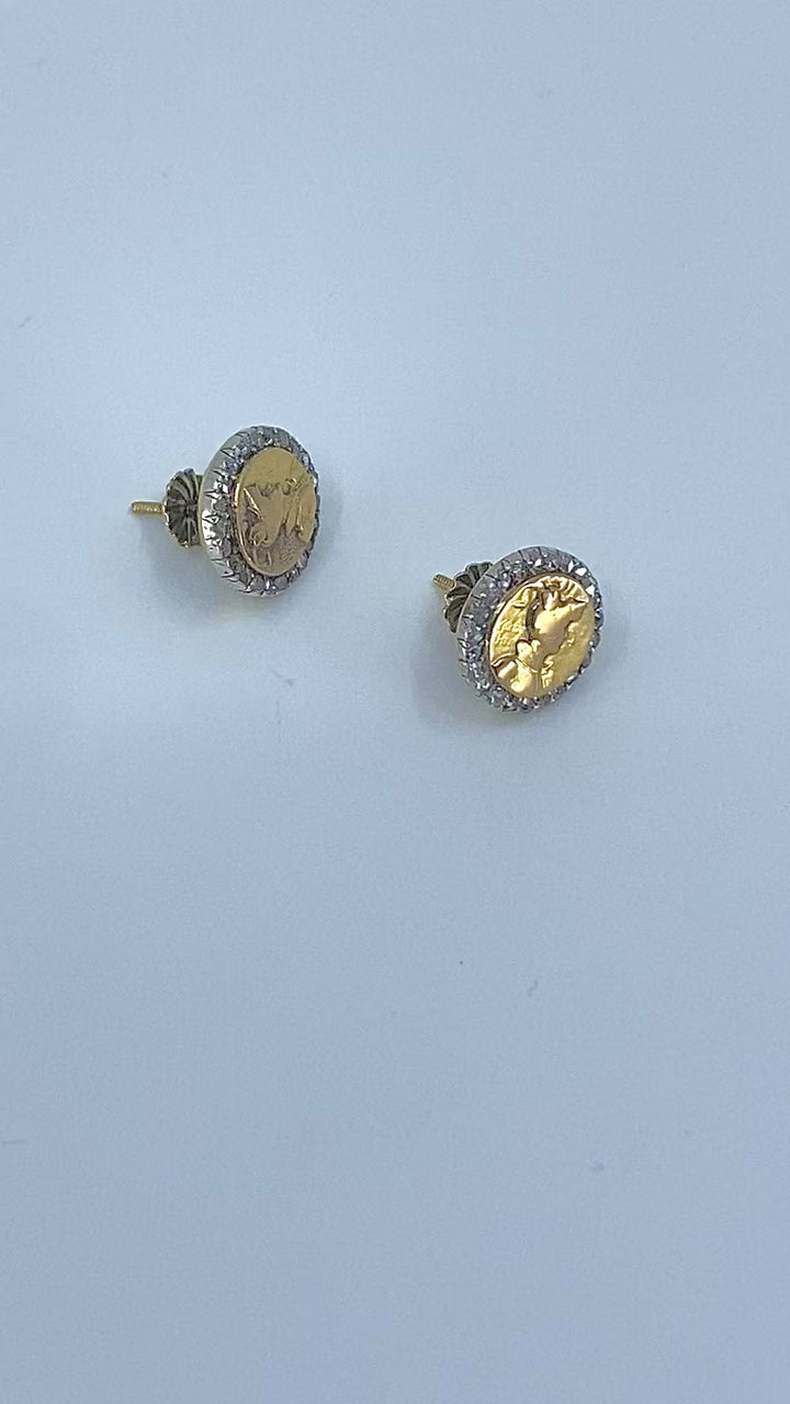 Antique 14k Rose Gold & Rose Cut Diamond Knight Stud Earrings Circa 1900s