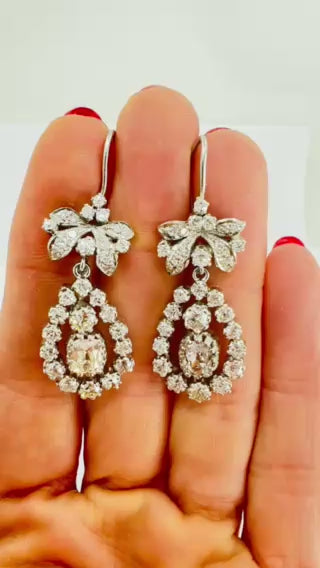 Art Deco Platinum Drop Earrings Old European Cushion Cut Diamonds Estate Jewelry