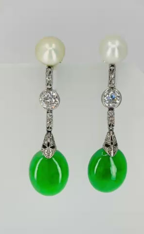 Art Deco Jade Earrings Platinum Pearls Old European Cut Diamonds Estate Jewelry