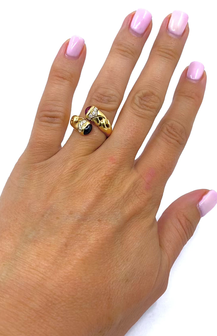 Bulgari Doppio Cuore Bypass Ring Gold Diamond Gemstones