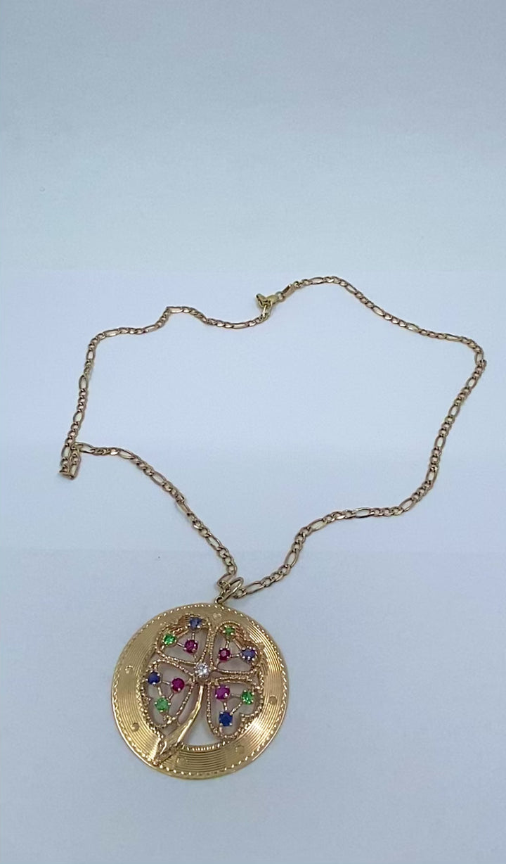 14K Gold  Gemstones Clover Pendant Necklace