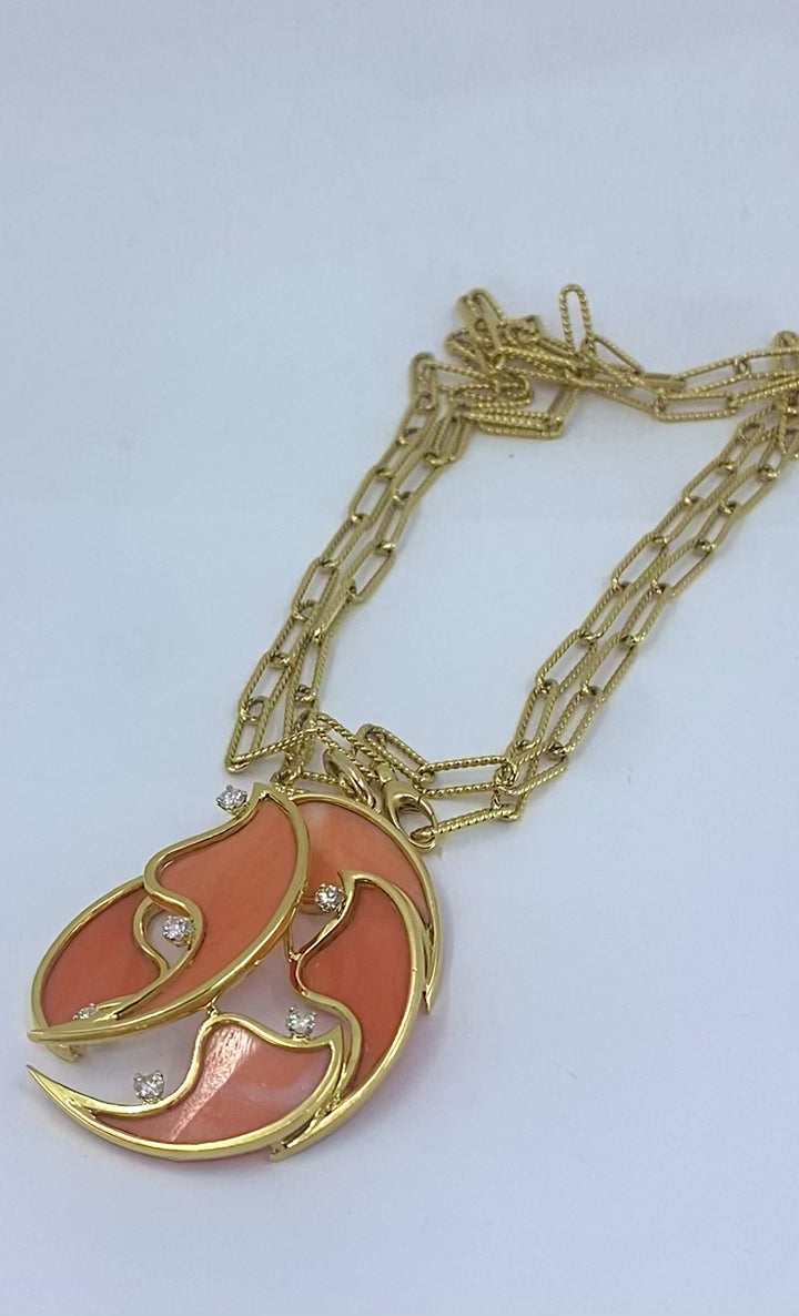 French 18k Diamond Coral Pendant 14k Gold Chain Necklace