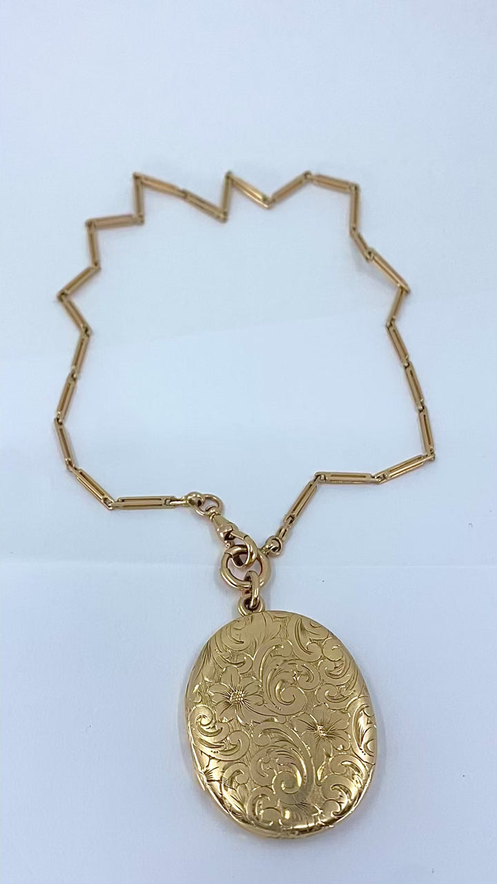 14k Gold Engraved Locket Pendant Gold Antique Watch Chain