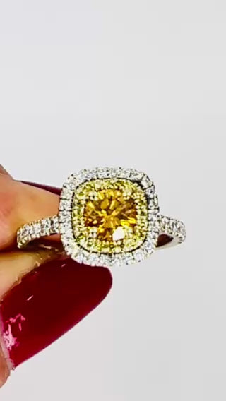 14k White Gold Ring Fancy Yellow Orange Diamond GIA Double Halo Estate Jewelry