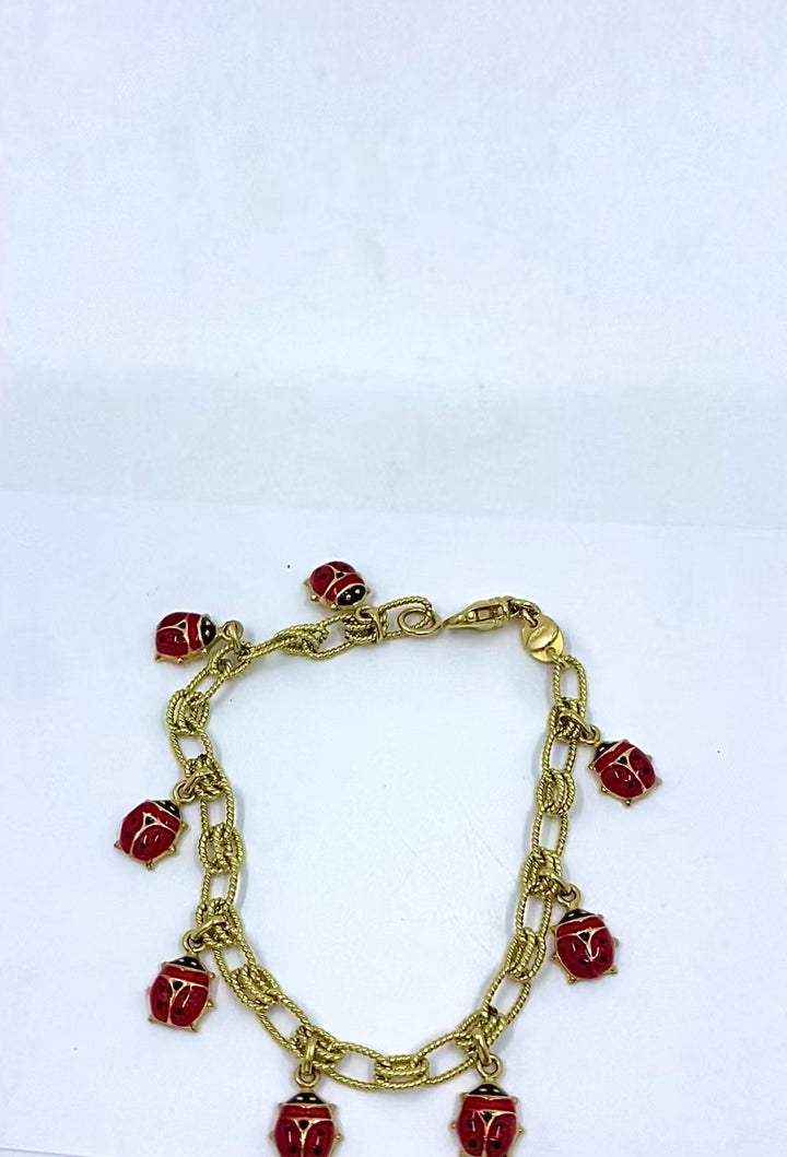 18k Gold Chain 14k Enamel Ladybug Charms Bracelet