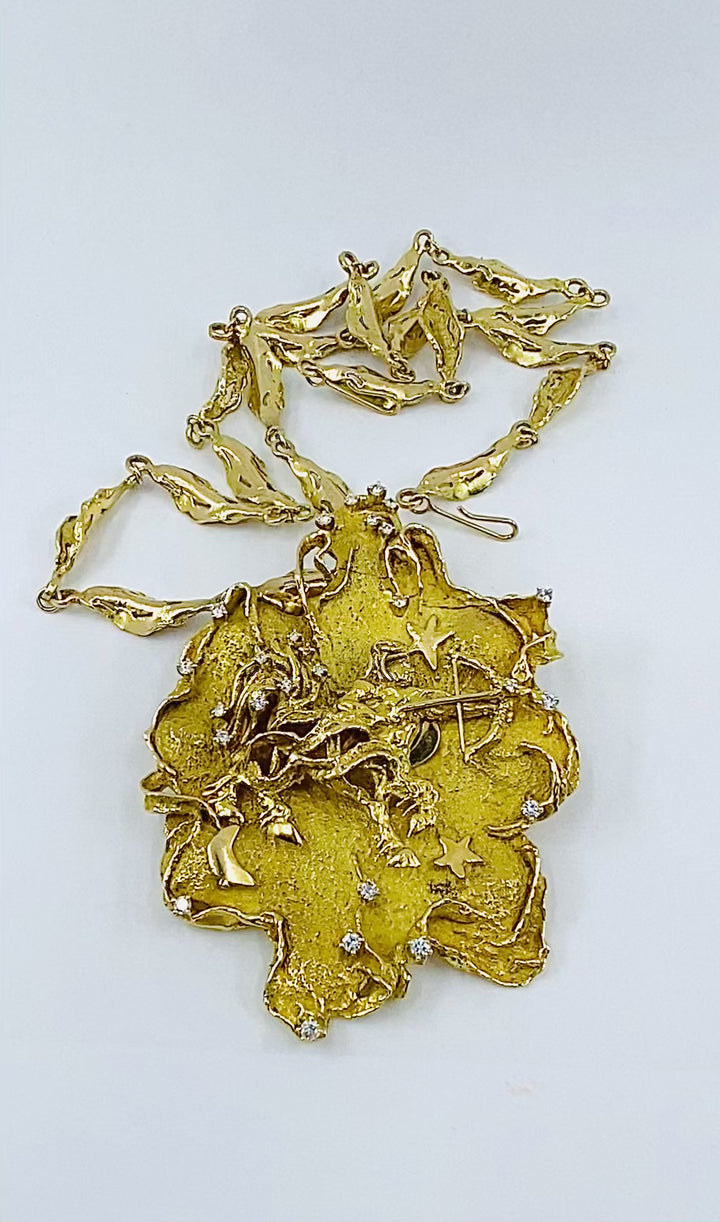 Zodiac Sign Necklace Sagittarius Brutalist Design 14k Gold Diamond