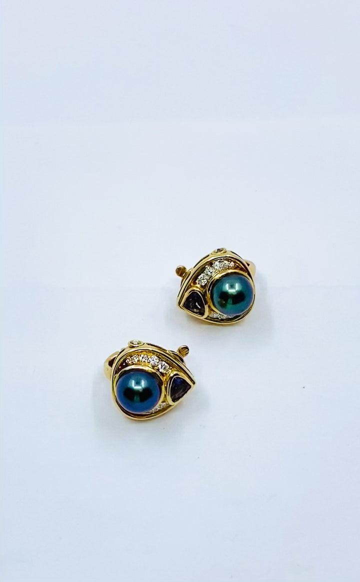 Vintage Marina B Earrings 18k Gold Black Pearl Gemstones